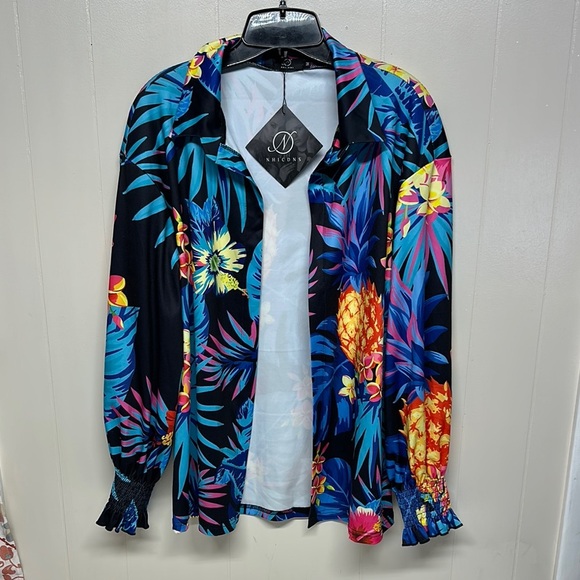 Blue and Black Tropical Print Blouse - Picture 1 of 10